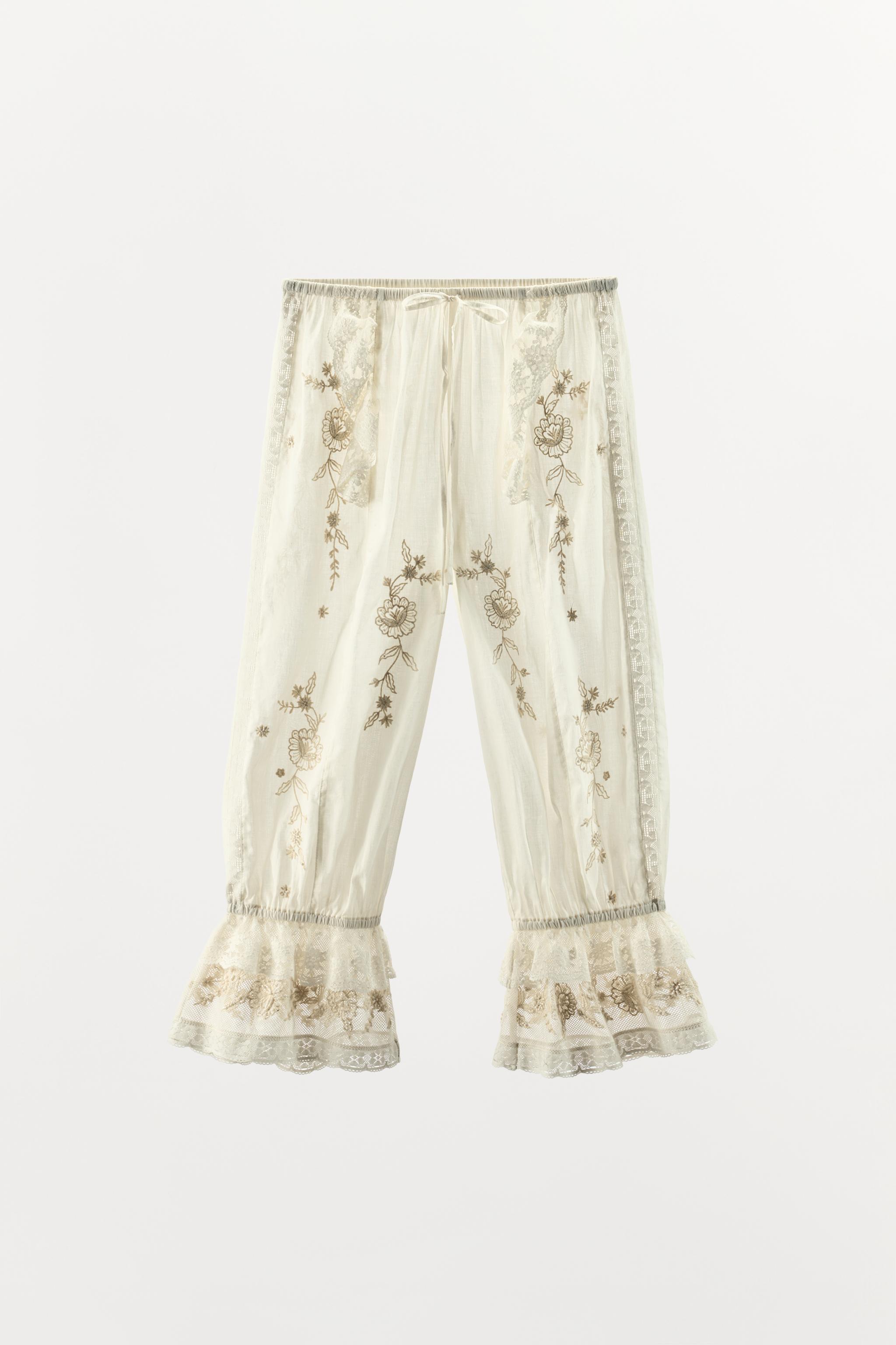 RUFFLED EMBROIDERED BEADED PANTS
